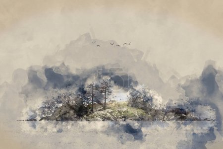 Foto de Pintura digital de acuarela del hermoso paisaje del amanecer del invierno sobre Ullwater en el distrito inglés de los lagos con niebla sobre el lago que da una sensación dramática malhumorada - Imagen libre de derechos