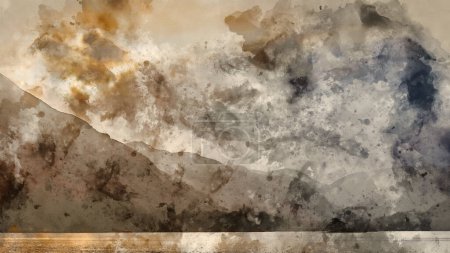 Téléchargez les photos : Aquarelle numérique du magnifique paysage du lever du soleil d'hiver au-dessus d'Ullwater dans le district du lac anglais avec brume au-dessus du lac donnant une sensation dramatique lunatique - en image libre de droit