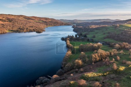 Photo for Beautiful Spring sunset landscape aerial drone image in Lake District looking towards Old Man of Coniston - Royalty Free Image