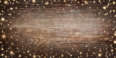 Photo for Panorama of vintage Christmas background with snowflakes and stars. Christmas and New Year holiday wooden background with snow and snowflakes decoration. - Royalty Free Image
