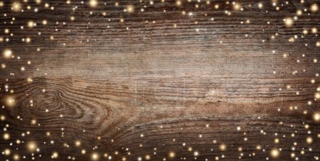 Photo for Panorama of vintage Christmas background with snowflakes and stars. Christmas and New Year holiday wooden background with snow and snowflakes decoration. - Royalty Free Image