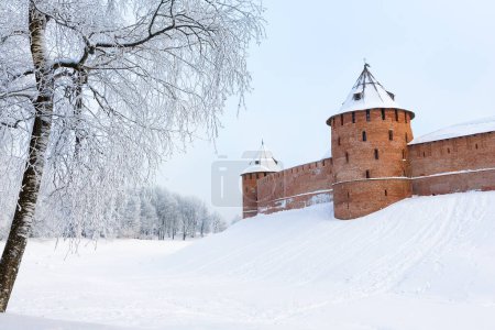 Photo for Novgorod Kremlin in cold winter snowy day in Veliky Novgorod, Russia. Winter landscape of Novgorod the Great. - Royalty Free Image