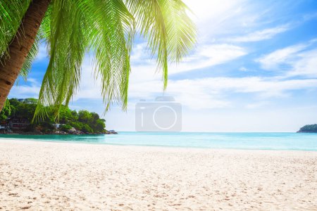 Photo for Tropical white sand beach at Phuket in Thailand. Kata beach is paradise beach with golden sand, crystal water and palm trees in Phuket Island, Thailand. Tropical travel destination. - Royalty Free Image
