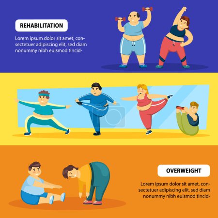 Illustration for Fat sport people. big weight male and female people making sport exercises. Vector horizontal banner with place for text - Royalty Free Image