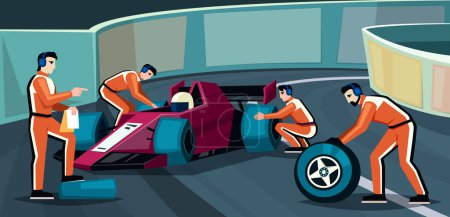 Illustration for Pit stop crew changing wheels of bolide. mechanic technicians and engineers workers in racing uniform changing wheels of bolide, autocross car repairing on race track. vector cartoon graphic. - Royalty Free Image