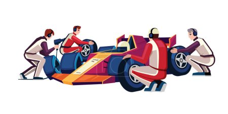 Illustration for Pit stop crew. mechanic technicians and engineers workers in racing uniform changing wheels of bolide, autocross car repairing. vector cartoon graphic. - Royalty Free Image