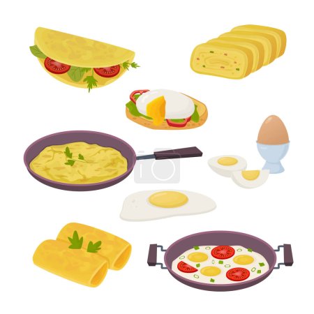 Hühnerwachteleier, Lebensmittel aus dem Eierset. Morgens Frühstück, roh, gekocht, gekocht, frittiertes Eiweiß, richtige Ernährung Eier. Vektor-Cartoon-Objekte gesetzt