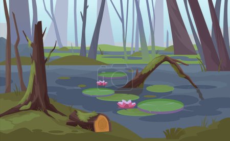 Sümpfe im Waldhintergrund. Fantasiesee mit Seerosen und Sumpf, mystischer Comic-Hintergrund. Vektor Cartoon Hintergrund.