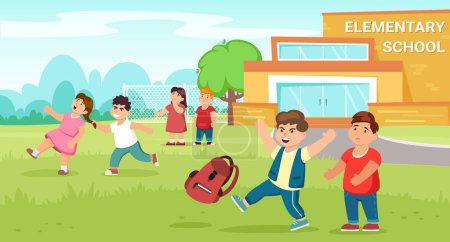 Illustration for Bully kids background. school bullying situations, conflicts between children, classmates violent mockery concept. vector cartoon school backyard background. - Royalty Free Image
