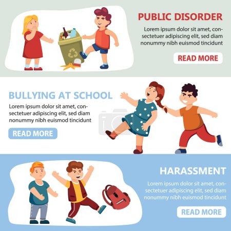 Illustration for Bully kids banners. school bullying situations horizontal banners, classmates violent mockery concept, conflicts between children. vector flat cartoon banners. - Royalty Free Image