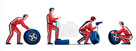 Illustration for Pit stop crew. autocross car repairing, mechanic technicians and engineers workers in racing uniform changing wheels of formula bolide. vector cartoon graphics. - Royalty Free Image