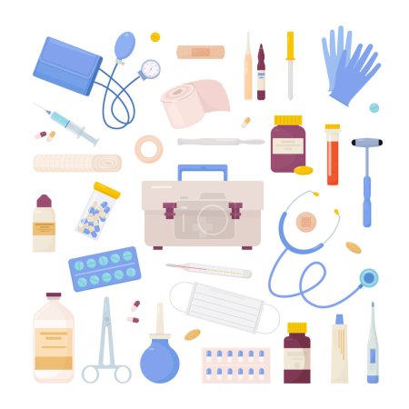 Illustration for Medical items collection. flasks, tablets, syringe, pressure dispenser, cartoon medical instruments first aid kit, gloves. vector set isolated items. - Royalty Free Image