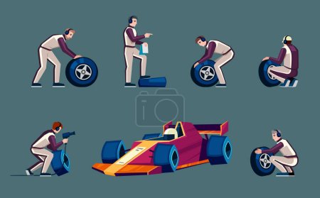 pit stop crew. autocross car repairing, changing wheels of formula bolide, mechanic technicians and engineers workers in racing uniform set. vector cartoon flat illustration.