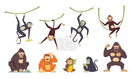 Téléchargez les illustrations : Ensemble de singe gorille. dessin animé drôles de primates exotiques tropicaux néandertaliens, singes drôles dans la jungle, personnages chimpanzés brutaux. vecteur dessin animé animaux sauvages ensemble. - en licence libre de droit