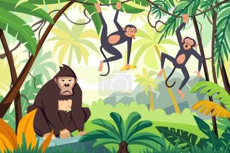 Téléchargez les illustrations : Gorille jungle arrière-plan. dessin animé drôles de primates exotiques tropicaux néandertaliens, singes drôles dans la jungle, personnages brutaux et bébé. vecteur dessin animé animaux sauvages fond. - en licence libre de droit