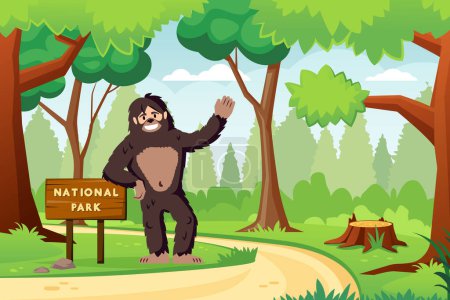 Téléchargez les illustrations : Singe préhistorique bigfoot. dessin animé biologie ancien gorille dans le fond du parc national, les hommes néandertaliens singe dans la forêt. vecteur dessin animé fond. - en licence libre de droit