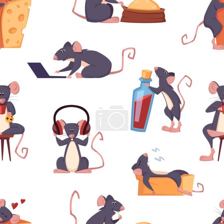 Illustration for Cute rats pattern. mice with cheese, laptop and poison, isolated on white background, cartoon funny rats in different poses. vector cartoon seamless pattern. - Royalty Free Image