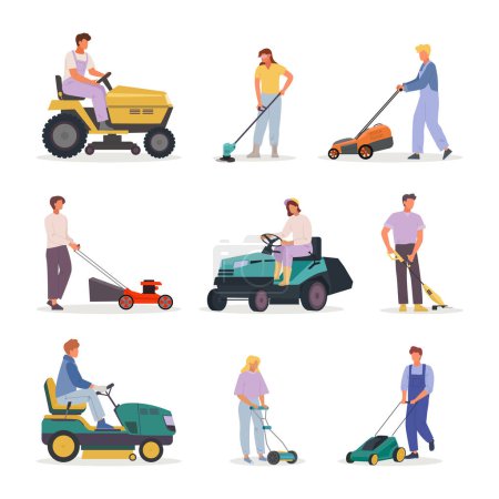 peoples with lawnmowers. simple minimalistic flat male characters with garden lawn mowers, mowing grass garden. vector cartoon set.
