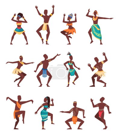 Illustration for African ritual dancing. ancient traditional ceremony, cartoon aboriginal ethnic dancers. vector cartoon characters. - Royalty Free Image