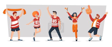 Illustration for Football fans. cartoon supporters group characters soccer sport national championship competition squad. vector cartoon characters flat collection. - Royalty Free Image