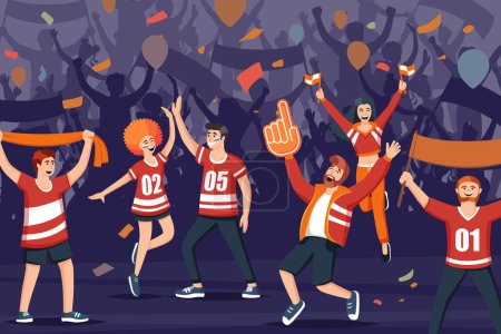 Illustration for Football fans background. cartoon supporters group characters rejoice in the victory of their team, soccer sport national championship competition squad. vector characters background. - Royalty Free Image
