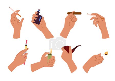 Illustration for Hand hold cigarette. smoking equipment concept, hands holding different smoking devices, vape nicotine tobacco addiction gadgets collection. vector cartoon set. - Royalty Free Image