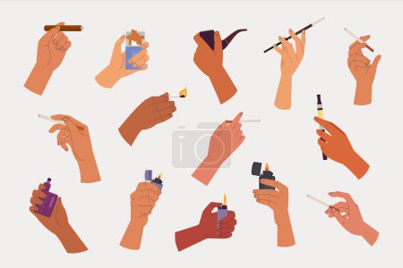 Illustration for Hand hold cigarette. hands holding different smoking devices, vape nicotine tobacco addiction gadgets collection, smoking equipment concept. vector cartoon set. - Royalty Free Image