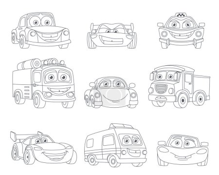 Illustration for Color book cars. black and white outlined flat simple vehicle van golf microcars collection, logo label print patch or sticker. vector objects set. - Royalty Free Image