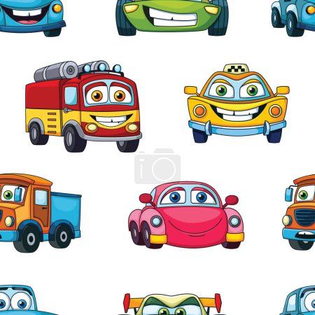 Illustration for Color book cars pattern. cartoon colorful flat simple vehicle van golf microcars, logo label print patch or stickers. vector flat seamless pattern. - Royalty Free Image