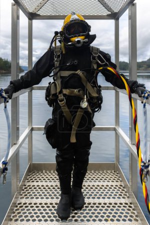 Commercial diver prepared for deep water entry closeup
