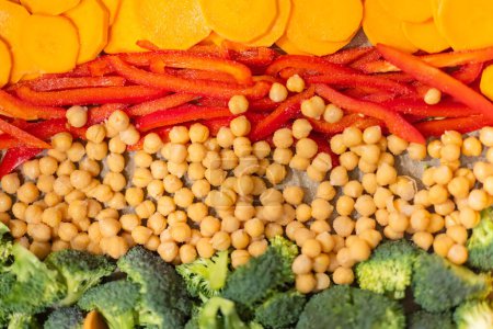 Assorted vegetables with chickpeas and broccoli closeup