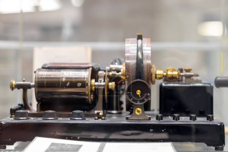 Antique telegraph apparatus in museum display closeup