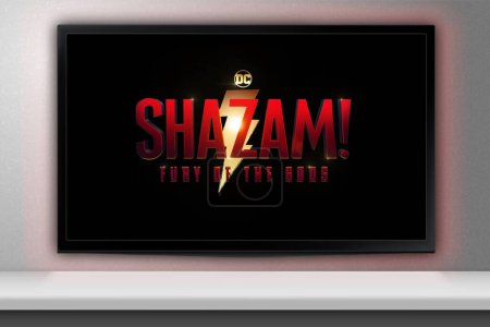 Téléchargez les photos : Shazam Fury Of The Gods movie or trailer on TV screen. Moscow, Russia - February, 2023. - en image libre de droit
