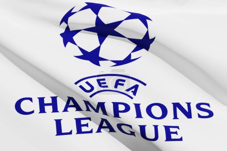 Téléchargez les photos : Drapeau avec le logo de l'UEFA Champions League. Champion League est la prestigieuse compétition de club de football européen. Moscou, Russie - février 2023 - en image libre de droit