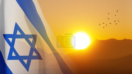 Foto de Bandera de Israel en el fondo de las montañas contra el atardecer. 3d-renderizado - Imagen libre de derechos