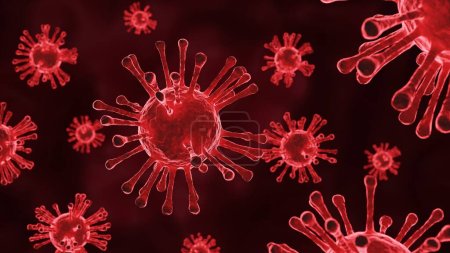 Foto de Brote de coronavirus y antecedentes de gripe coronavirus como concepto de riesgo para la salud médica pandémica con células de la enfermedad. 3d-renderizado - Imagen libre de derechos