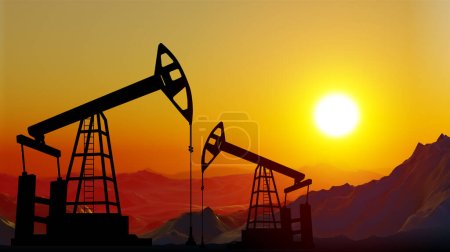 Photo for Silhouette of Oil pump. Industrial machine for petroleum on background of sunset. 3d-rendering - Royalty Free Image