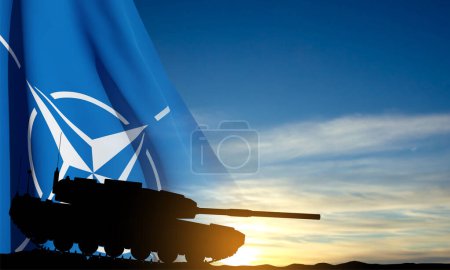 Foto de Banderas de la OTAN con silueta del tanque en el fondo del cielo azul. - Imagen libre de derechos