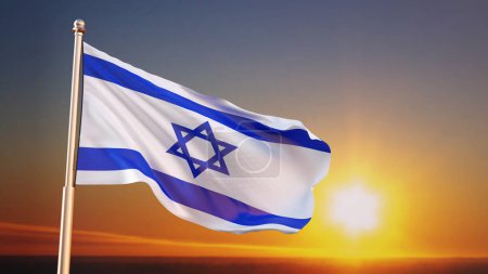 Téléchargez les photos : Drapeau d'Israël avec une étoile de David contre le coucher du soleil. Concept patriotique. 3d-rendu - en image libre de droit