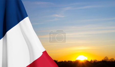Téléchargez les photos : Drapeau de la France contre le coucher du soleil. Contexte patriotique - en image libre de droit