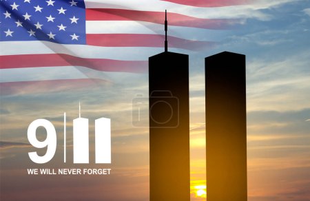 Téléchargez les photos : New York silhouette skyline avec Twin Towers et contre le coucher du soleil. 09.11.2001 Bannière du Patriot Day américain - en image libre de droit