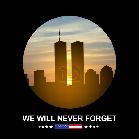 Téléchargez les photos : New York silhouette skyline avec Twin Towers. 09.11.2001 Bannière de l'American Patriot Day. NYC World Trade Center - en image libre de droit