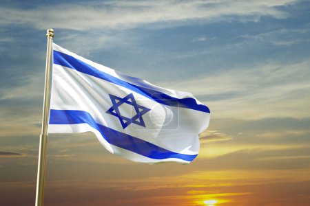 Téléchargez les photos : Drapeau d'Israël avec une étoile de David contre le coucher du soleil. Concept patriotique. 3d-rendu - en image libre de droit