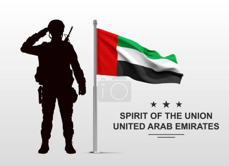 Foto de Silueta de saludo soldado con la bandera de los Emiratos Árabes Unidos sobre fondo blanco. Fuerzas armadas de los Emiratos Árabes Unidos. Concepto para el Día de la Conmemoración, Día de los Mártires, Día Nacional - Imagen libre de derechos