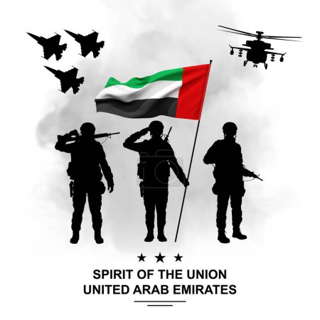 Foto de Silueta de saludo soldado con la bandera de los Emiratos Árabes Unidos sobre fondo blanco. Fuerzas armadas de los Emiratos Árabes Unidos. Concepto para el Día de la Conmemoración, Día de los Mártires, Día Nacional - Imagen libre de derechos