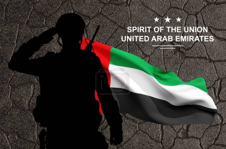 Foto de Silueta de saludo soldado con la bandera de los EAU. Fuerzas armadas de los Emiratos Árabes Unidos. Concepto para el Día de la Conmemoración, Día de los Mártires, Día Nacional. 3d-renderizado - Imagen libre de derechos