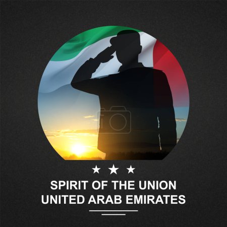 Foto de Silueta de saludo soldado con la bandera de los EAU. Fuerzas armadas de los Emiratos Árabes Unidos. Concepto para el Día de la Conmemoración, Día de los Mártires, Día Nacional - Imagen libre de derechos