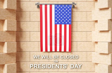 Photo for Presidents Day Background Design. We will be Closed on Presidents Day. USA flag on stone wall. 3d-rendering - Royalty Free Image