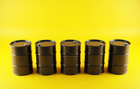 Téléchargez les photos : Barils de pétrole noir sur fond jaune. 3d-rendu - en image libre de droit
