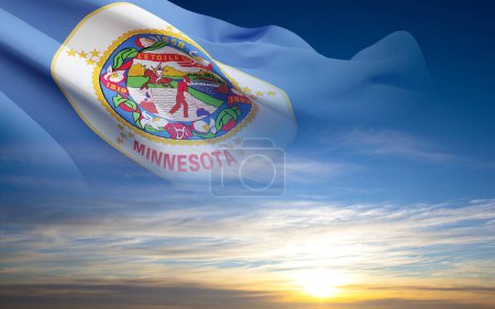 The Minnesota state flag against the sunset. 3d-rendering